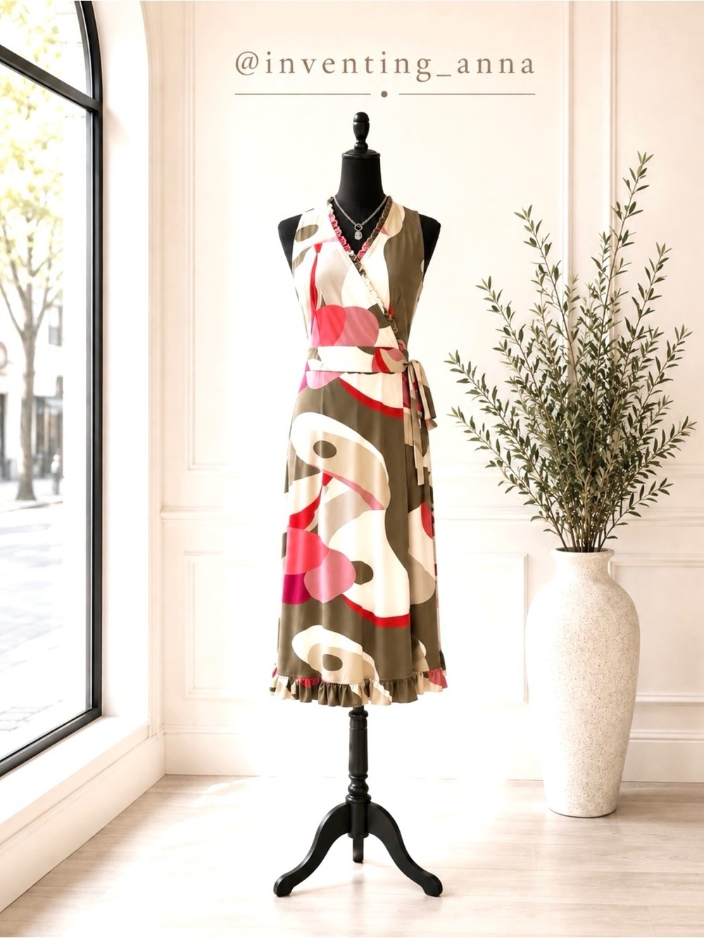 Jonathan Martin Olive Pink Cream Abstract Wrap Midi Dress size 10